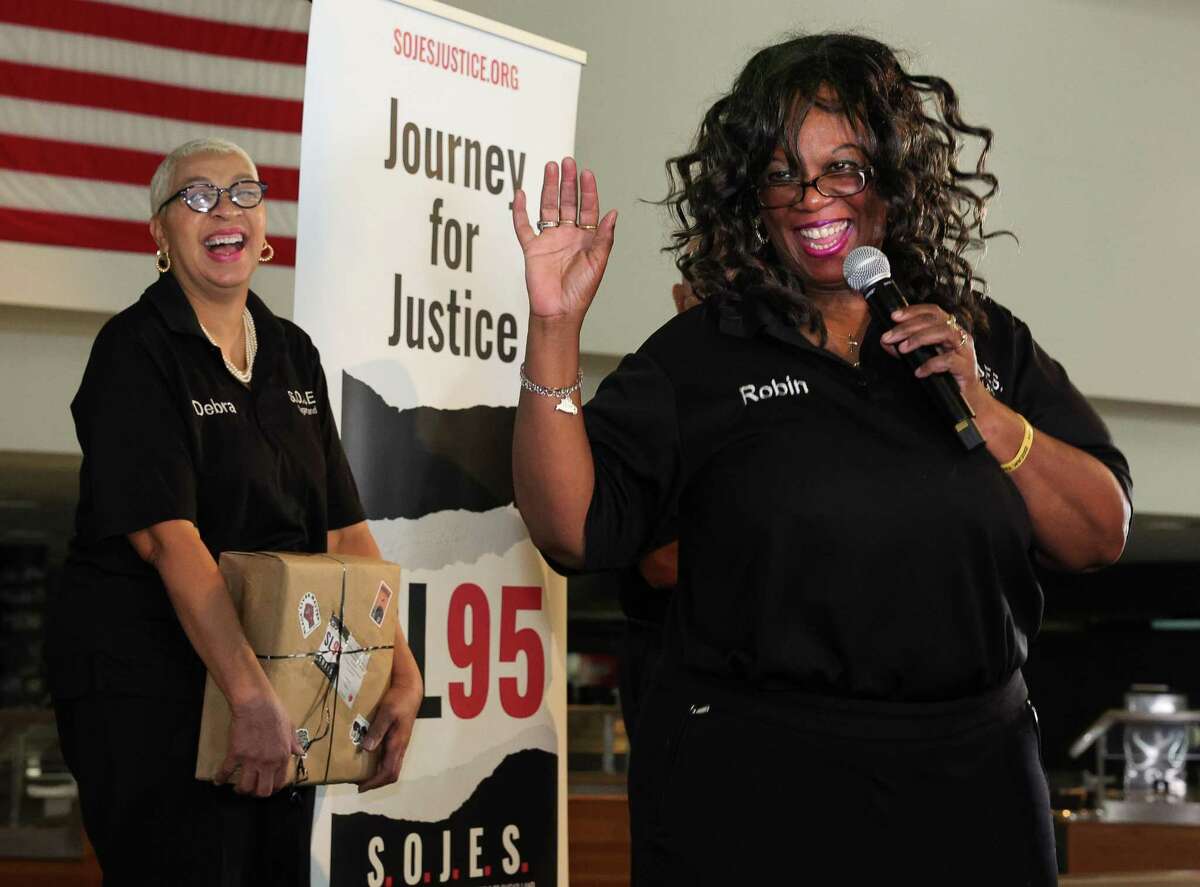 Robin Cole, president of Society of Justice & Equality for the People of Sugar Land (S.O.J.E.S.), a non-profit organization established to raise the narrative on convict leasing and Sugar Land’s past, recognizes board members of the organization during a Black History Month tribute on the fourth anniversary of the discovery of the “Sugar Land 95” Saturday, Feb. 19, 2022, in Sugar Land. The Sugar Land 95 are the human remains of at least 95 victims of convict leasing discovered at a Sugar Land high school construction site.