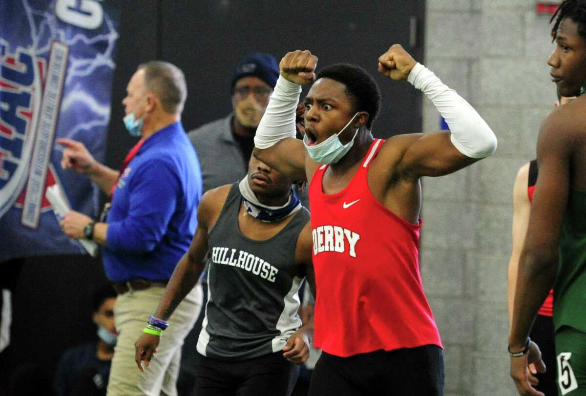 Derby’s Bryan McLean reacts after a strong finish after competing in the 55-meter dash during the State Open on Saturday in New Haven.