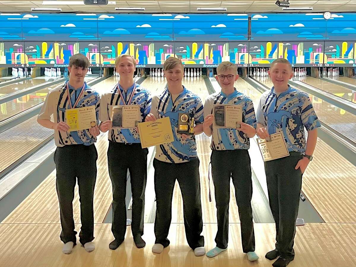 Meridian's (from left) Jacob Nohel, Damon Boyer, Jack Piper, Maxx Burdick, and Evan Burdick pose with their all-conference awards following Saturday's Jack Pine Conference singles tournament at Riverwood in Mount Pleasant, Feb. 19, 2022.
