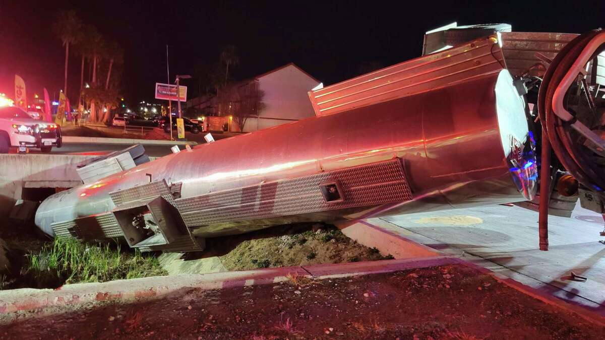 The Laredo Fire Department stated that this tractor-trailer hauling a tanker rolled over into a ditch on Friday, Feb. 11, 2021.