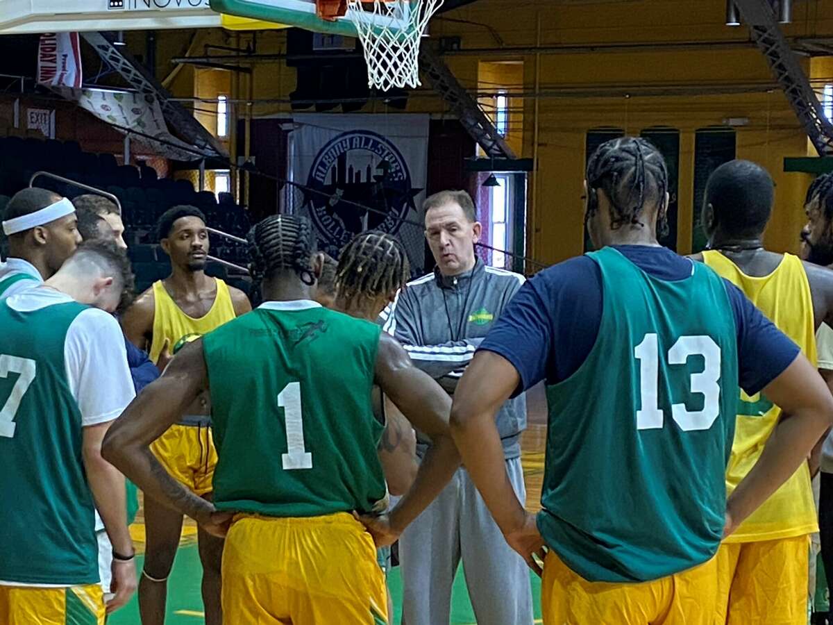 New Albany Patroons head coach Will Brown addresses his team during their first training-camp practice on Feb. 20, 2022. (Mark Singelais/Times Union)
