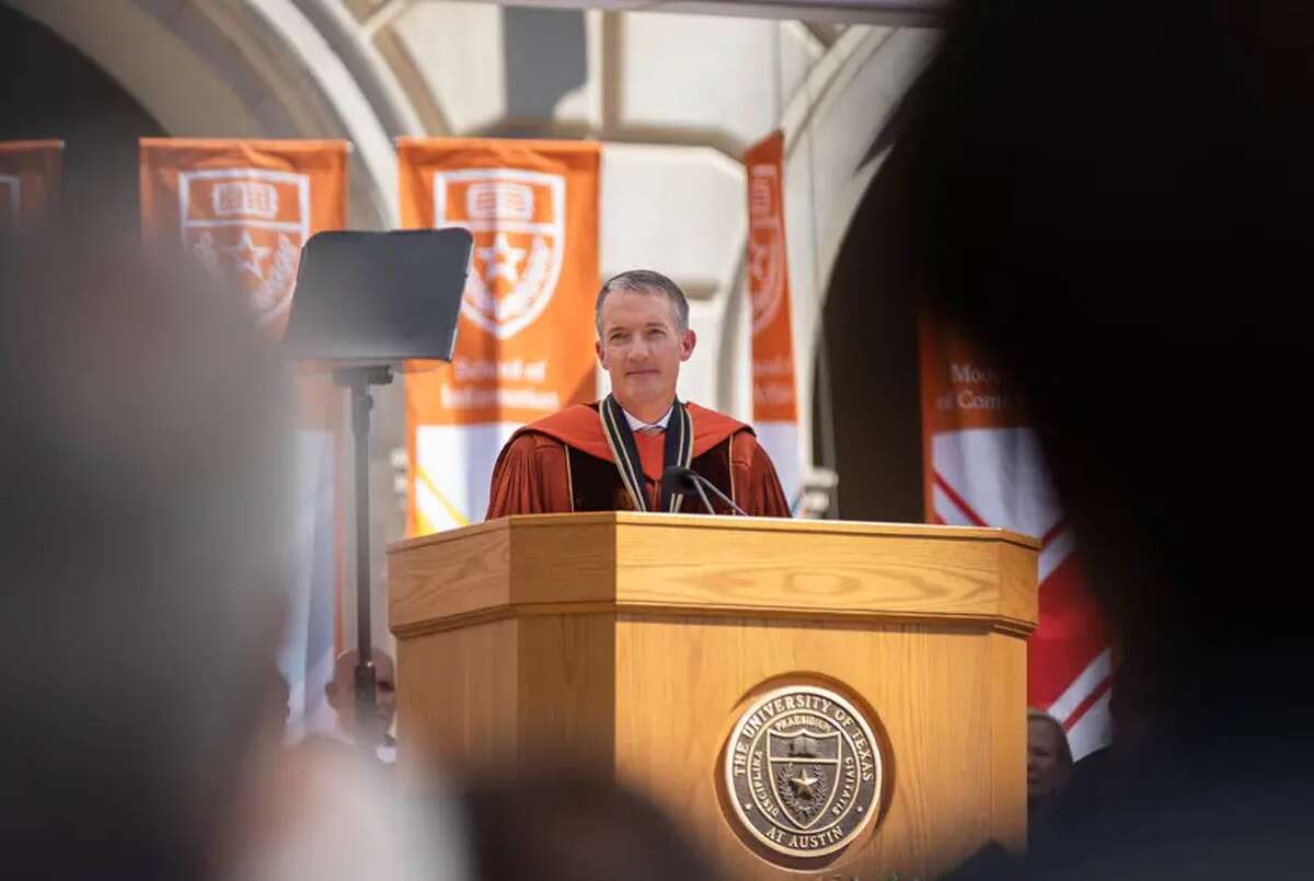 The University of Texas at Austin President Jay Hartzell gives the state of the university address on Sept. 24, 2021.