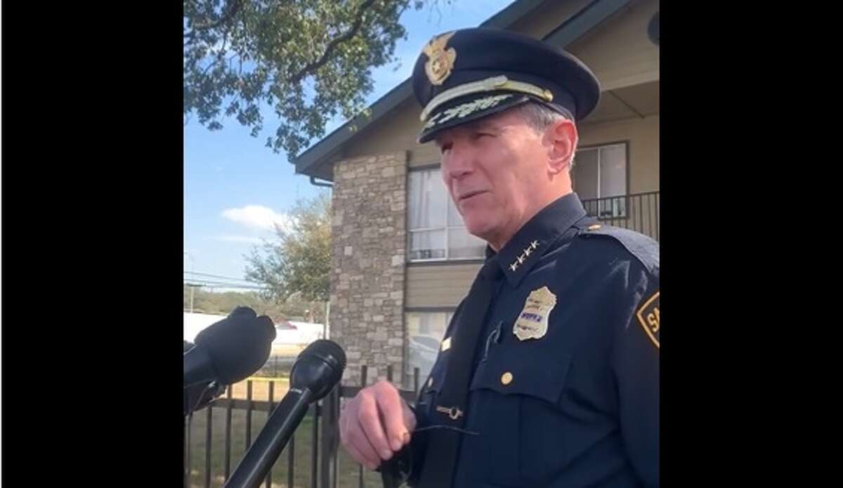 San Antonio Police Chief William McManus talks to reporters on Sunday, Feb. 20, 2022 about the shooting of a man and a woman believed to be educators in the Houston area. 
