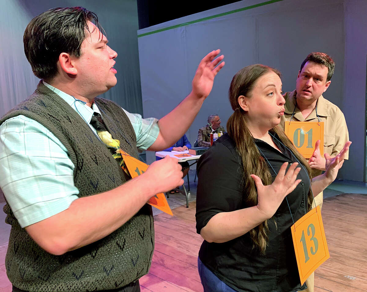 Brandon Greer, left, Carrie Wilson and Andy McCall rehearse a scene from "The 25th Annual Putnam County Spelling Bee" which opens Feb. 25 at Beaumont Community Players. Photo by Andy Coughlan