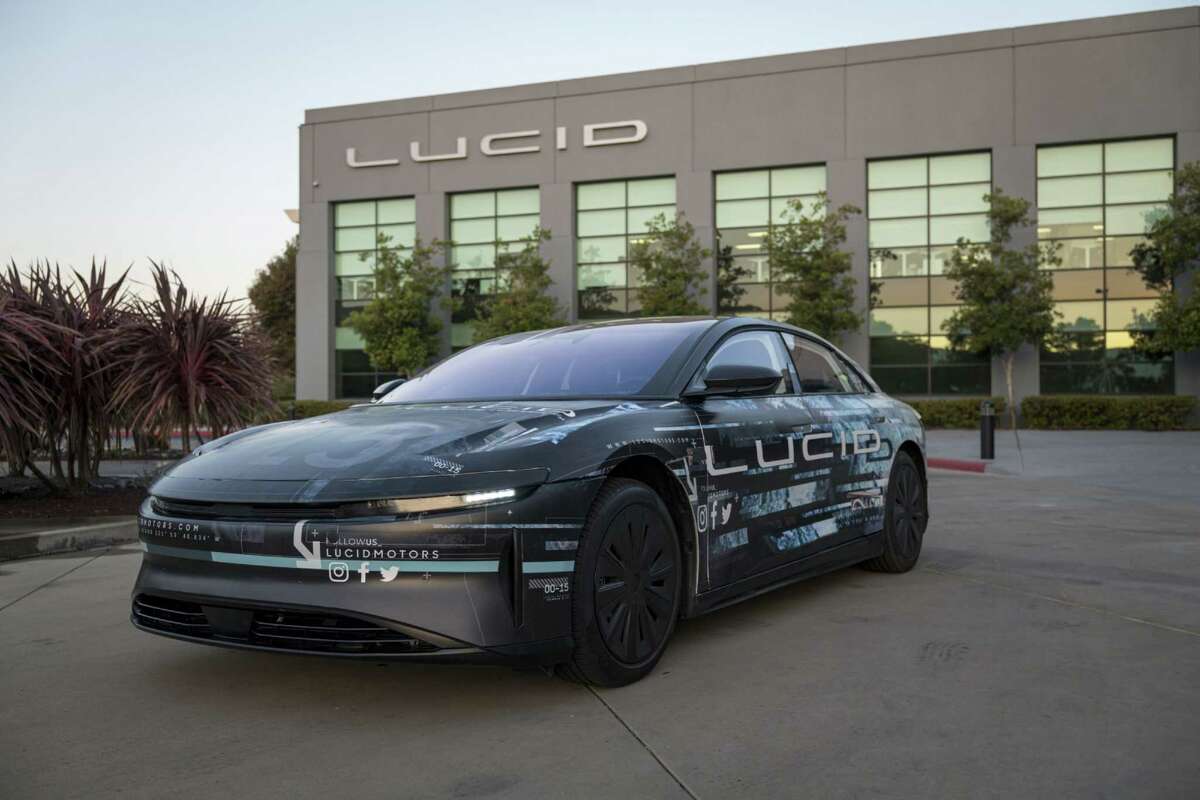 The Lucid Air prototype electric vehicle, manufactured by Lucid Motors, is displayed at the company's headquarters in Newark, Calif., on Aug. 3, 2020.