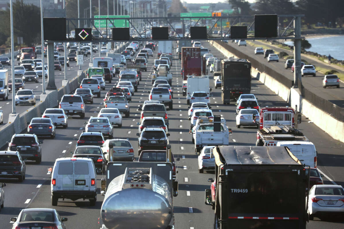Traffic moves along Interstate 80 on Feb. 16, 2022, in Berkeley, Calif.