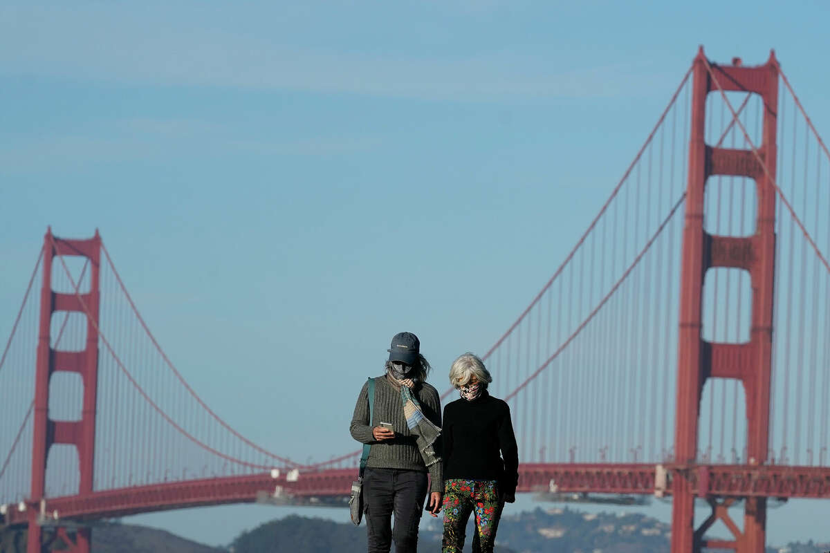 San Francisco was No. 149, second to last, in a WalletHub survey ranking 150 U.S. cities from best run to worst run. Only our nation's capital, Washington, D.C., was worse. In this file photo, people wearing masks walk on a path in front of the Golden Gate Bridge in San Francisco.