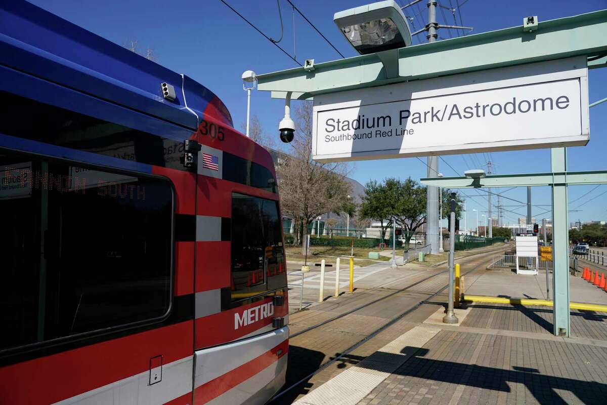 A Metropolitan Transit Authority train prepares to depart the Stadium Park/Astrodome rail station on Tuesday, Feb. 8, 2022 in Houston. During a typical rodeo, more than 1.6 million trips begin or end at the station.