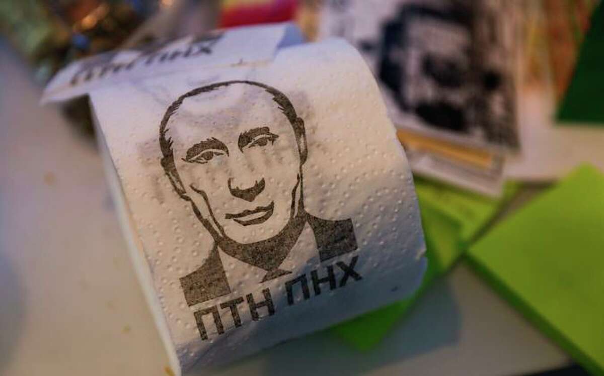 Andy Kurtzig, CEO of JustAnswer, who has about 270 employees based in Ukraine, has toilet paper with Putin’s face on it at his home in San Anselmo, Calif.