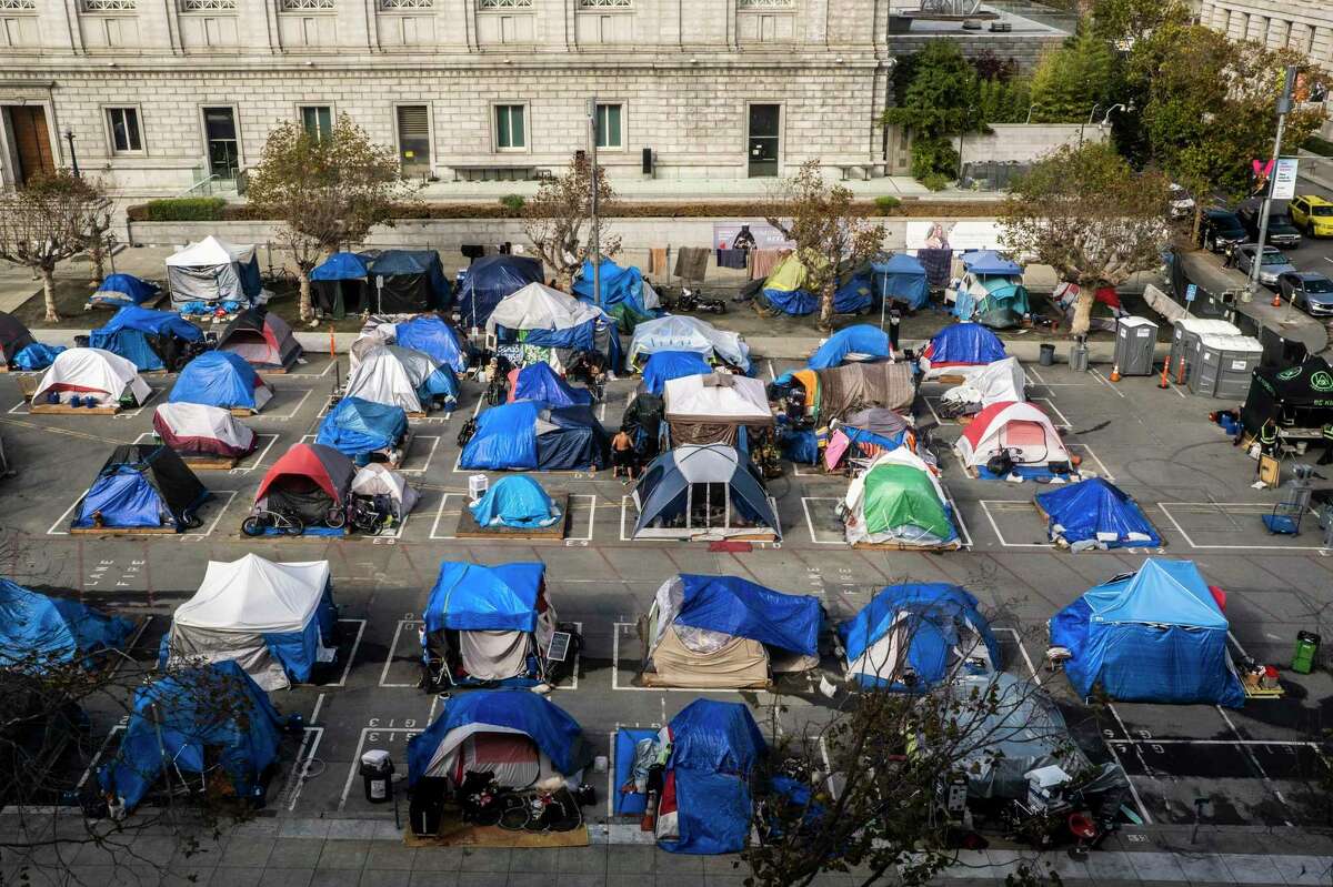 A city-sanctioned safe sleeping site is seen in Civic Center in San Francisco, California Friday, Oct. 22, 2021.