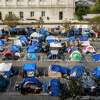 A city-sanctioned safe sleeping site is seen in Civic Center in San Francisco.