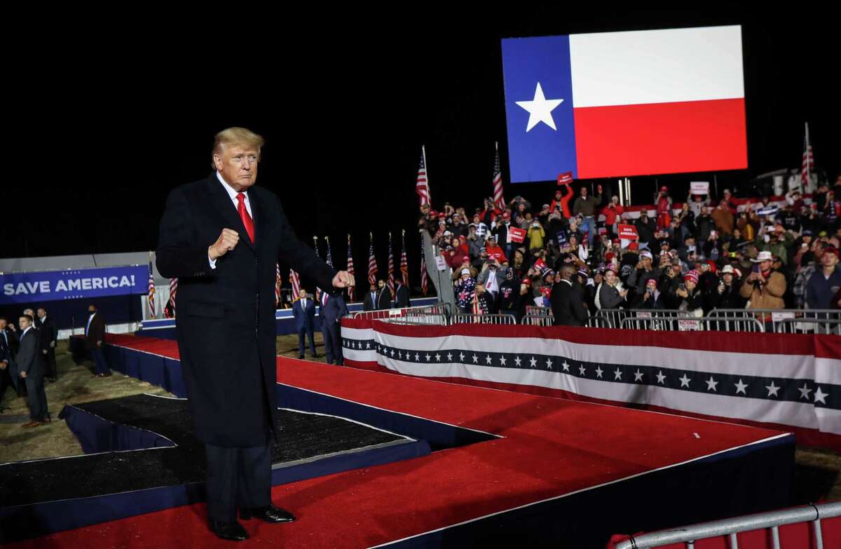 Former President Donald Trump speaks during a Save America rally Saturday, Jan. 29, 2022, at the Montgomery County Fairgrounds in Conroe.