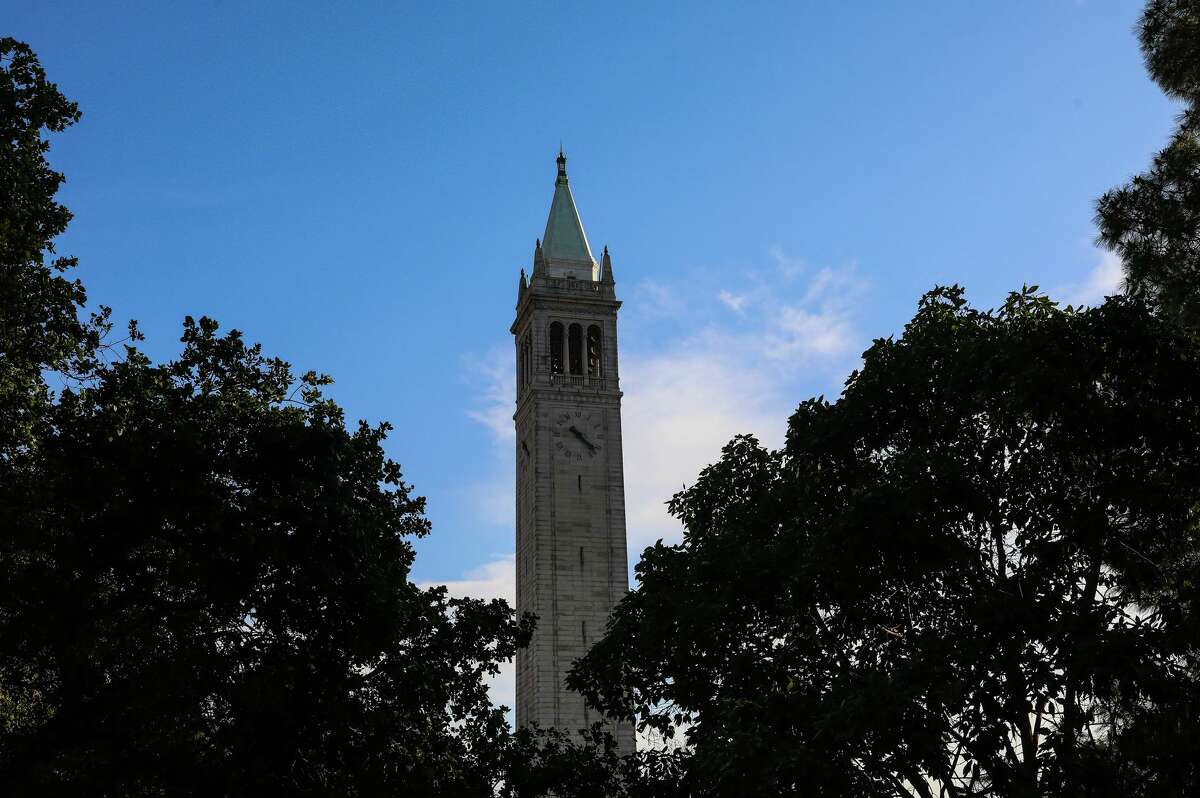 Sather Tower can be seen from Evans Hall on the UC Berkeley campus.