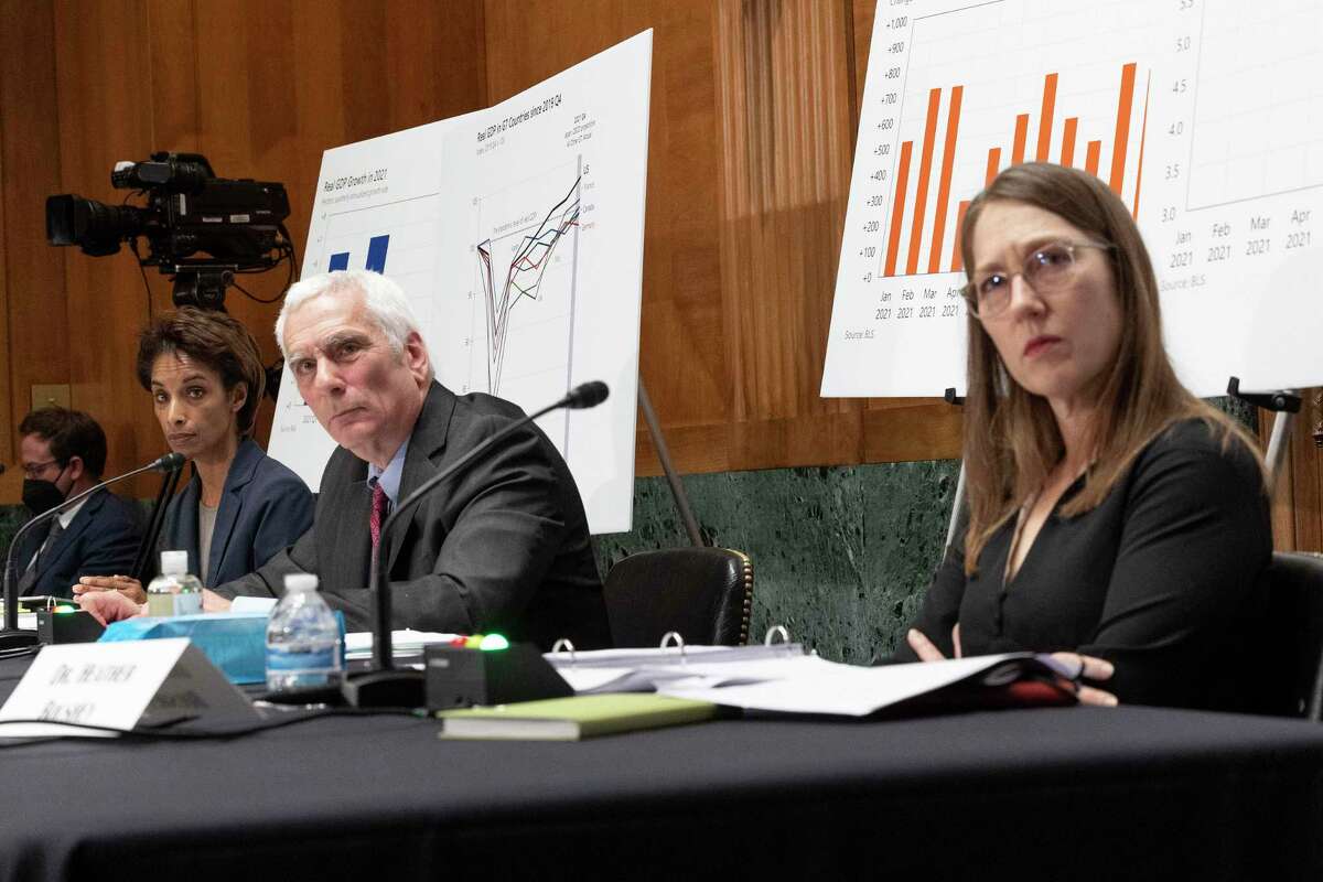 Dr. Cecilia Rouse, Chair, Council of Economic Advisers (CEA), Dr. Jared Bernstein, Member, CEA, and Dr. Heather Boushey, Member CEA, testify before the Senate Banking Committee, at the Dirksen Senate Office Building on February 17, 2022 in Washington, DC. The Committee heard testimony from members of the Council of Economic Advisers on inflation, job growth and supply chain issues.