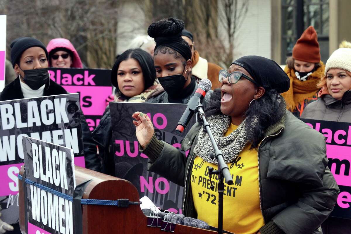 Gemeem Davis of Bridgeport Generation Now speaks during the Black Women Speak rally in front of the Morton Government Center, Bridgeport, Conn. Feb. 19, 2022.