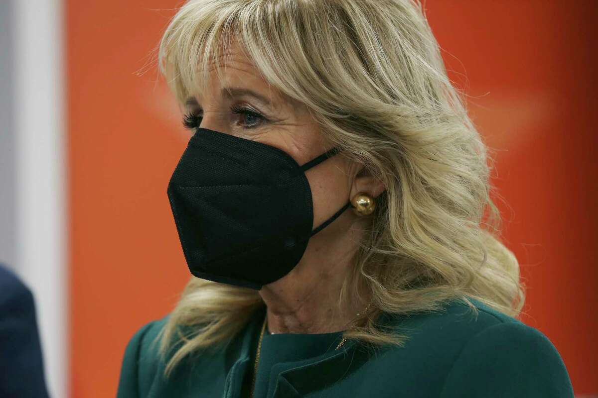 First Lady Jill Biden visits with staff and patients the Mace Cancer Center at UT Health San Antonio on Wednesday.