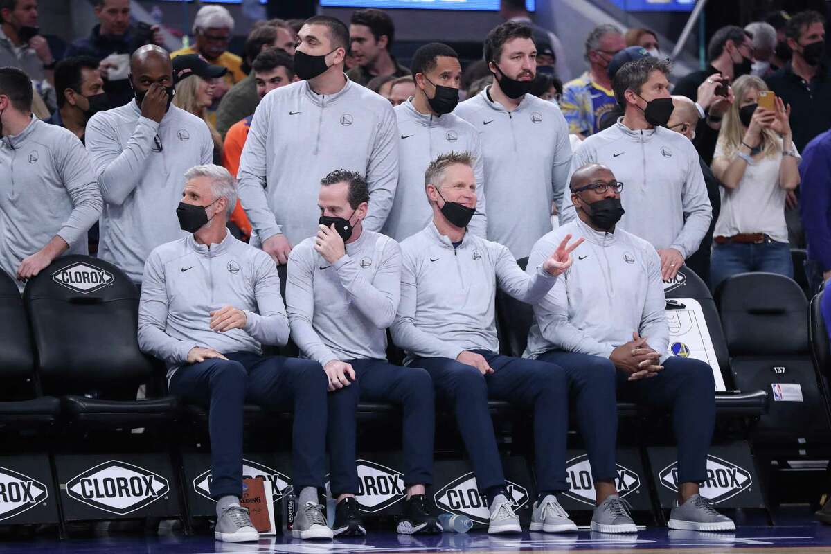Golden State Warriors' head coach Steve Kerr and coaching staff before playing New York Knicks during NBA game at Chase Center in San Francisco, Calif., on Thursday, February 10, 2022.