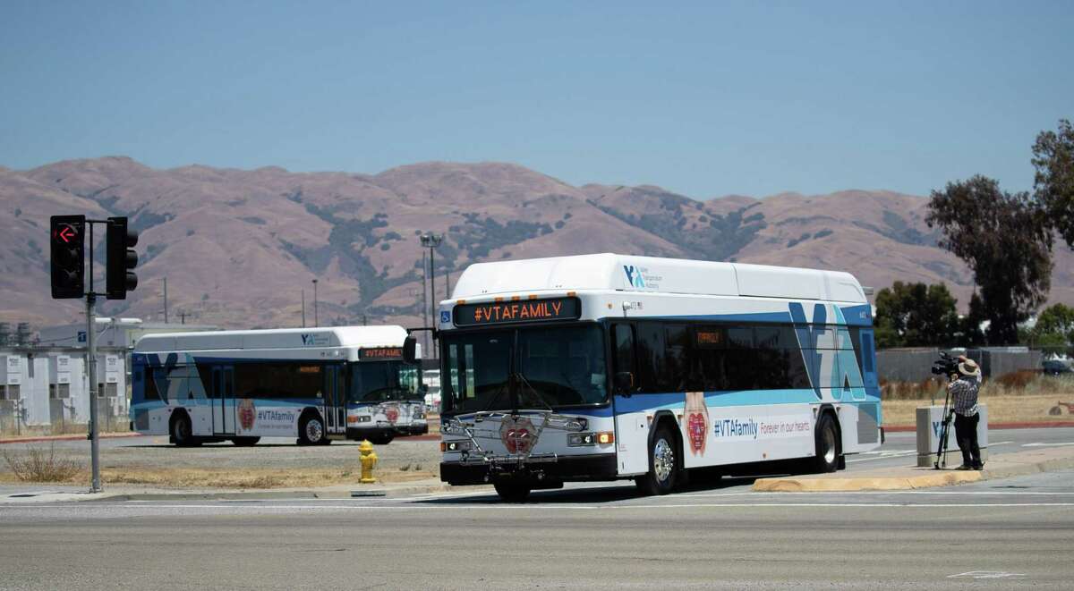 A VTA bus leaves the Cerone bus yard in San Jose, Calif. A woman died from injuries she sustained after she was run over by a VTA bus.