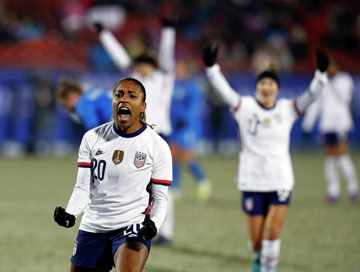 FRISCO, TEXAS - FEBRUARY 23: Catarina Macario #20 of the USA celebrates after scoring a goal against Iceland in the first half during the 2022 SheBelieves Cup at Toyota Stadium on February 23, 2022 in Frisco, Texas. (Photo by Richard Rodriguez/Getty Images)