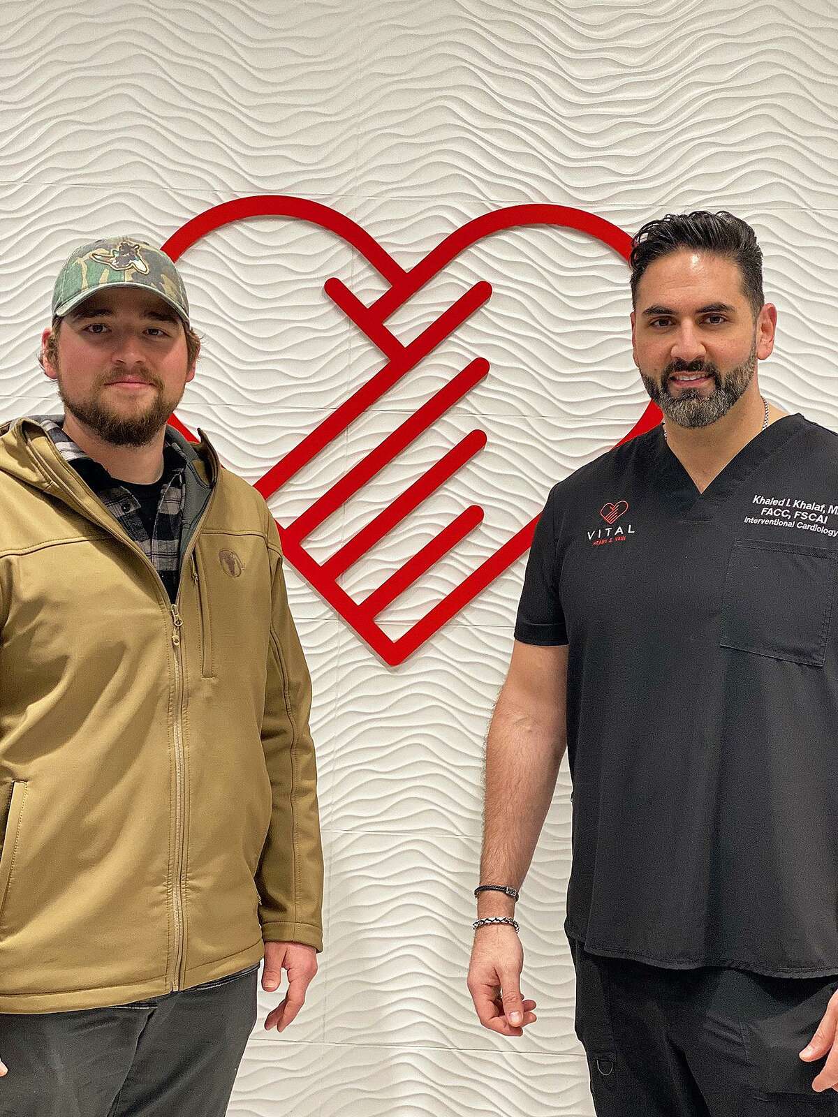 Doctor and patient reunite following the life-saving procedure. Trent Strickland, left, thanks Dr. Khaled Khalaf of Vital Heart and Vein for his surgery that opened the blockage in his leg that caused his leg to swell up twice as large as normal.