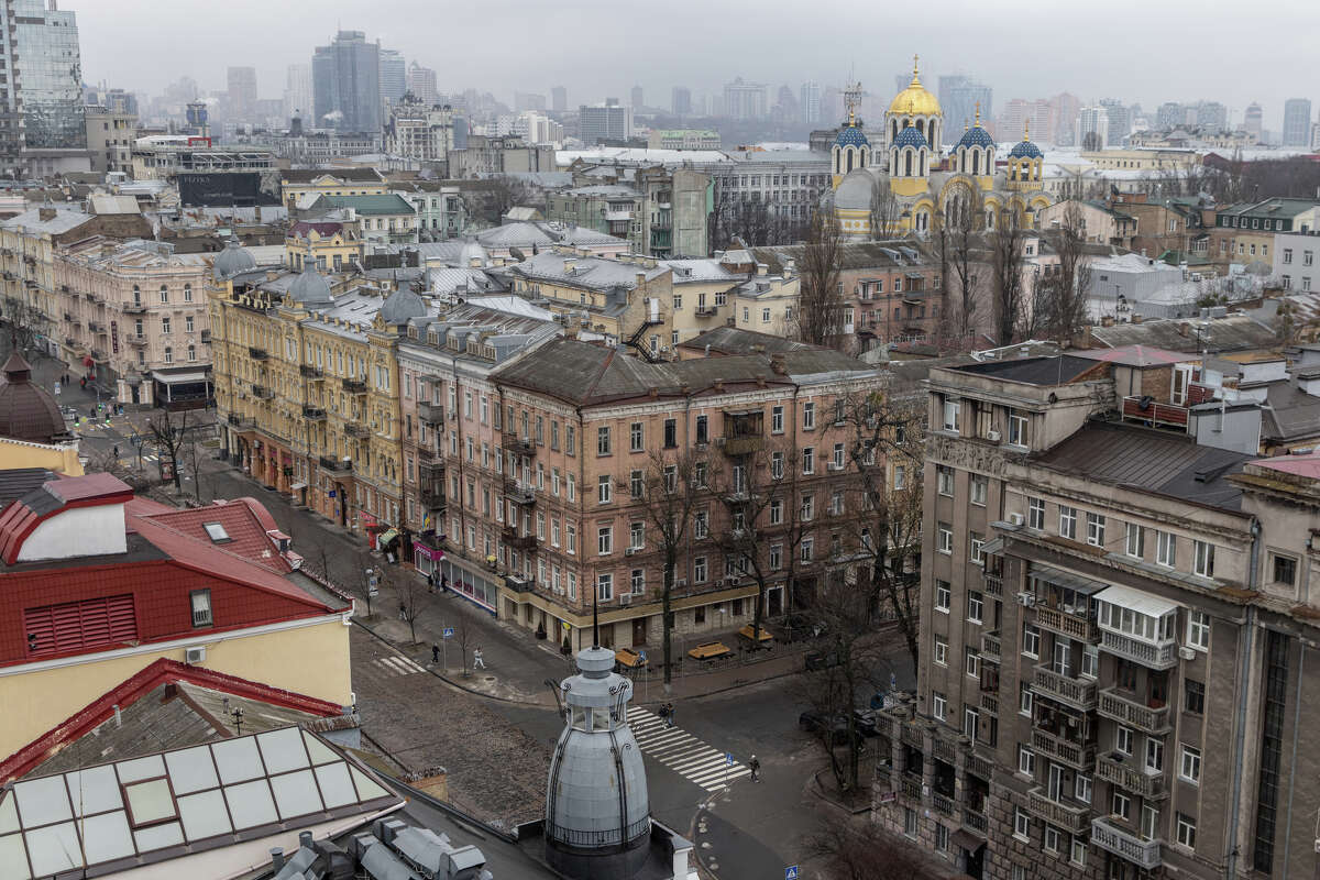 Near empty streets are seen on Feb. 24, 2022, in Kyiv, Ukraine. Overnight, Russia began a large-scale attack on Ukraine, with explosions reported in multiple cities and far outside the restive eastern regions held by Russian-backed rebels.