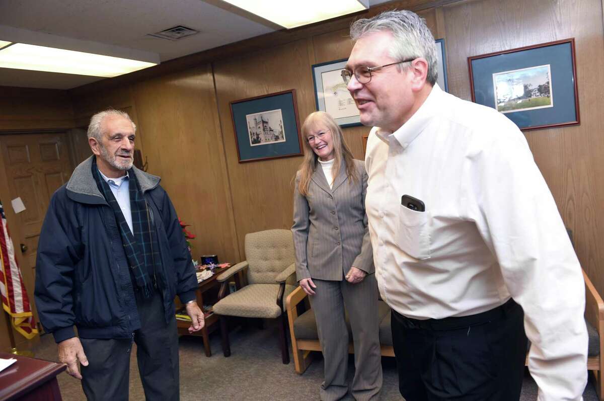 Frank Cieplinski, right, with Executive Assistant to the Mayor Louis Esposito Jr., left, during a tour of West Haven City Hall with Mayor Nancy Rossi Jan. 14, 2019, when Cieplinski became the city’s finance director.