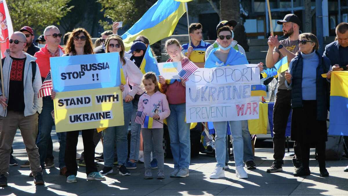 About 100 people gathered in front of the Ferry Building in San Francisco on Sunday to protest Russia’s moves to invade the Ukraine. On Thursday, Russia launched the invasion.