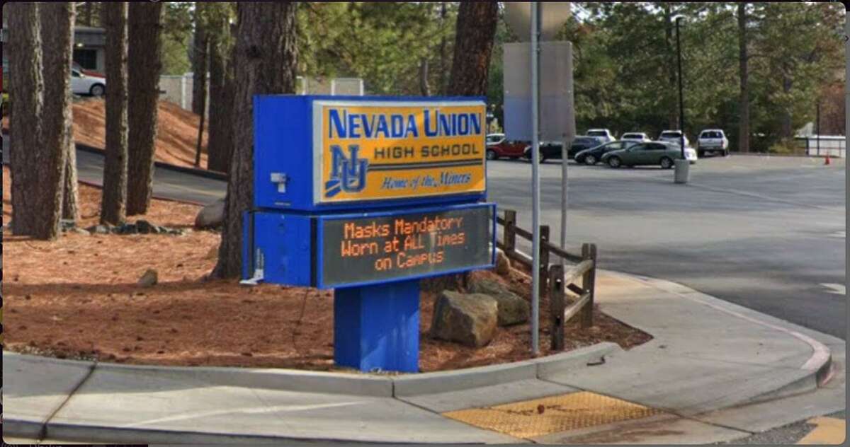 Signage for Nevada Union High School in Grass Valley (Nevada County). The school closed for a day after teachers failed to show up for classes shortly after the school district voted to end COVID-19 masking requirements.