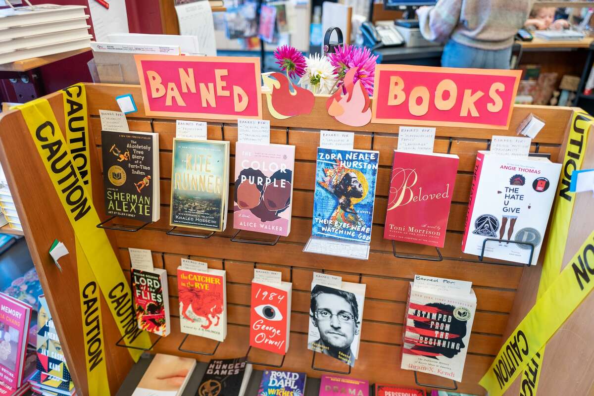 Display of banned books or censored books at Books Inc independent bookstore in Alameda, California, October 16, 2021. (Photo by Smith Collection/Gado/Getty Images)