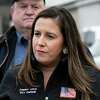 U.S. Rep. Elise Stefanik comments on the Ukraine invasion during a press event at Herrington Farms as part of a tour of areas of her new district on Thursday, Feb. 24, 2022, in Brunswick, N.Y.