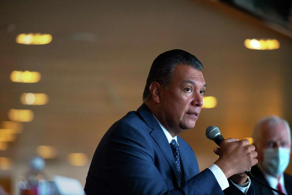 Sen. Alex Padilla (D-Calif.) speaks during a roundtable discussion he hosted with local leaders about wildfire prevention, response and recovery at Luther Burbank Center for the Arts in Santa Rosa, Calif. on Aug. 27, 2021.