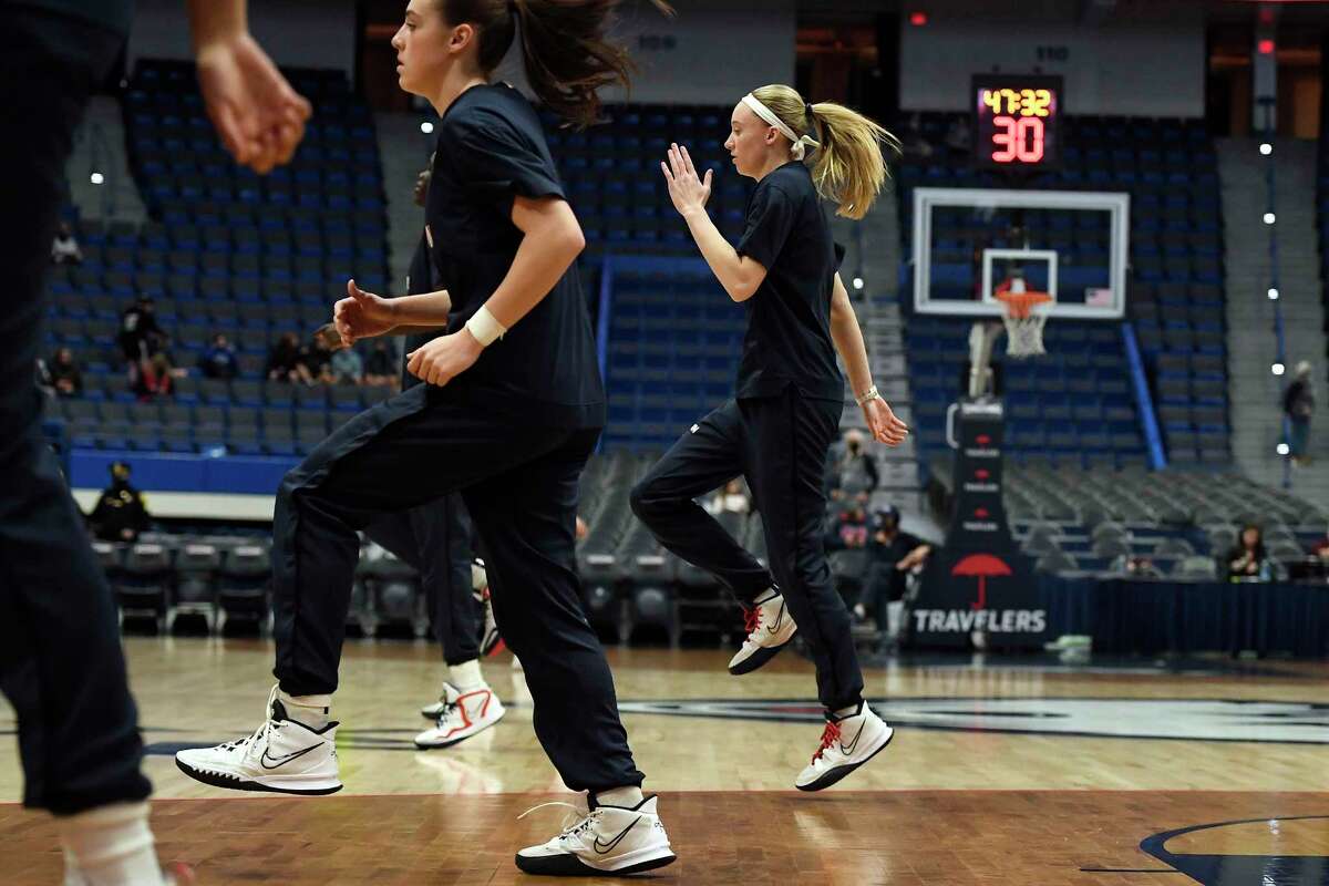 UConn’s Paige Bueckers warms up before Wednesday’s game against Marquette at the XL Center in Hartford.