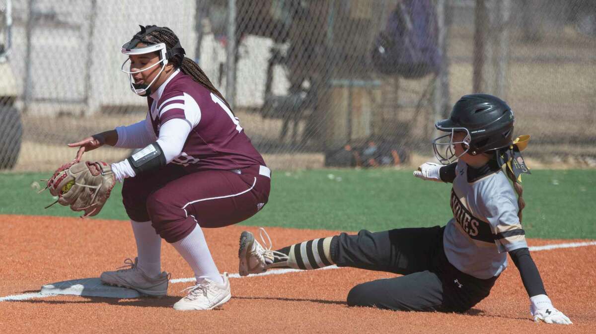 Legacy High's Maci Johnson steps on third for the force out on Amarillo's T. Pendergraft 02/24/2022 during play in the West Texas Classic at Ulmer Park. Tim Fischer/Reporter-Telegram