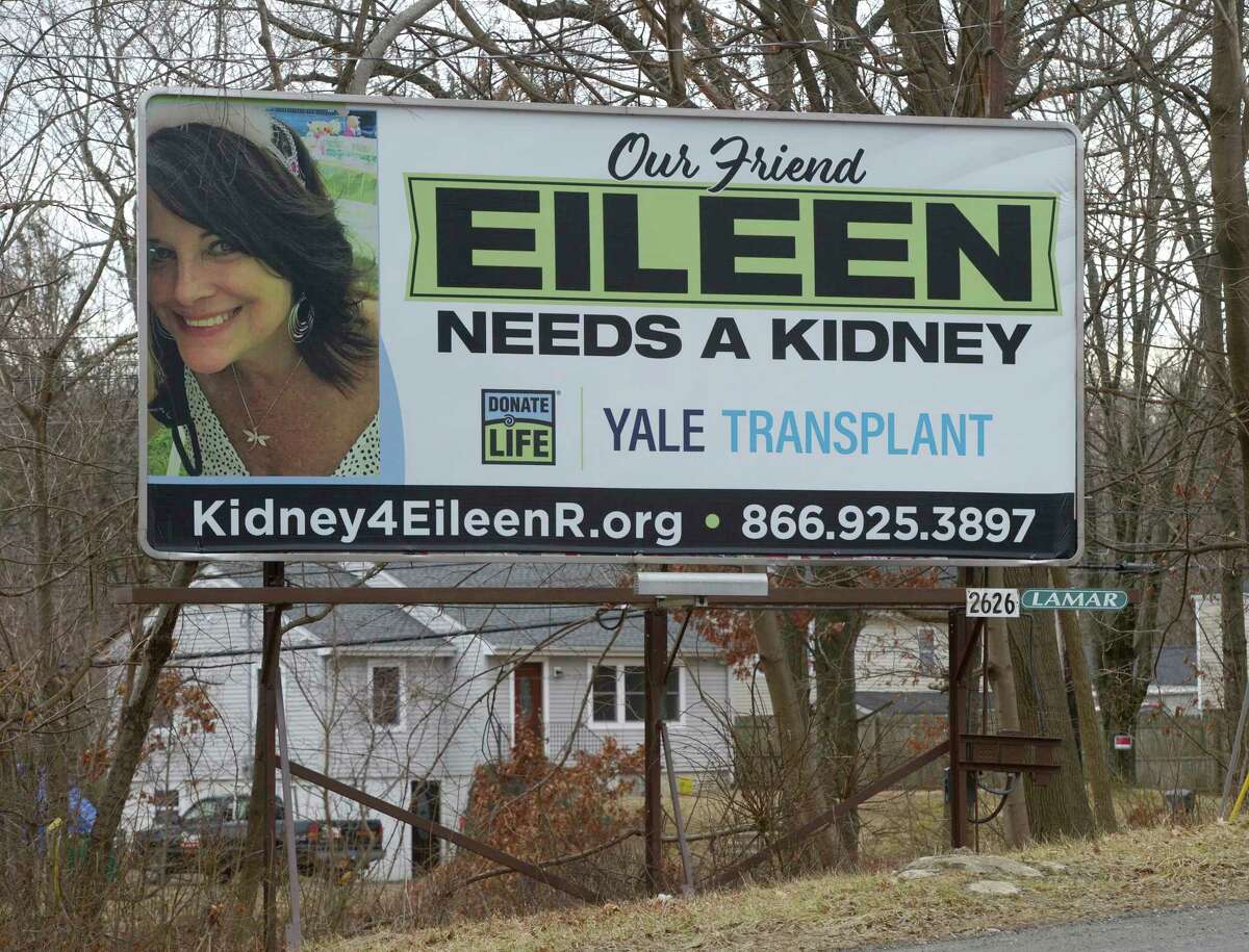 Friends have banded together to put up a billboard on Federal Road seeking help for Eileen Routhier, of Brookfield, who needs a kidney. Routhier is battling the inflammatory disease call Systemic Lupus Erythematous, since 2002. She has received 2 previous kidney donations but is in need of a third. Thursday, February 24, 2022, Danbury, Conn.