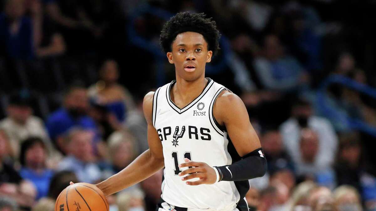San Antonio Spurs guard Josh Primo in the first half of an NBA basketball game Wednesday, Feb. 16, 2022, in Oklahoma City. (AP Photo/Nate Billings)