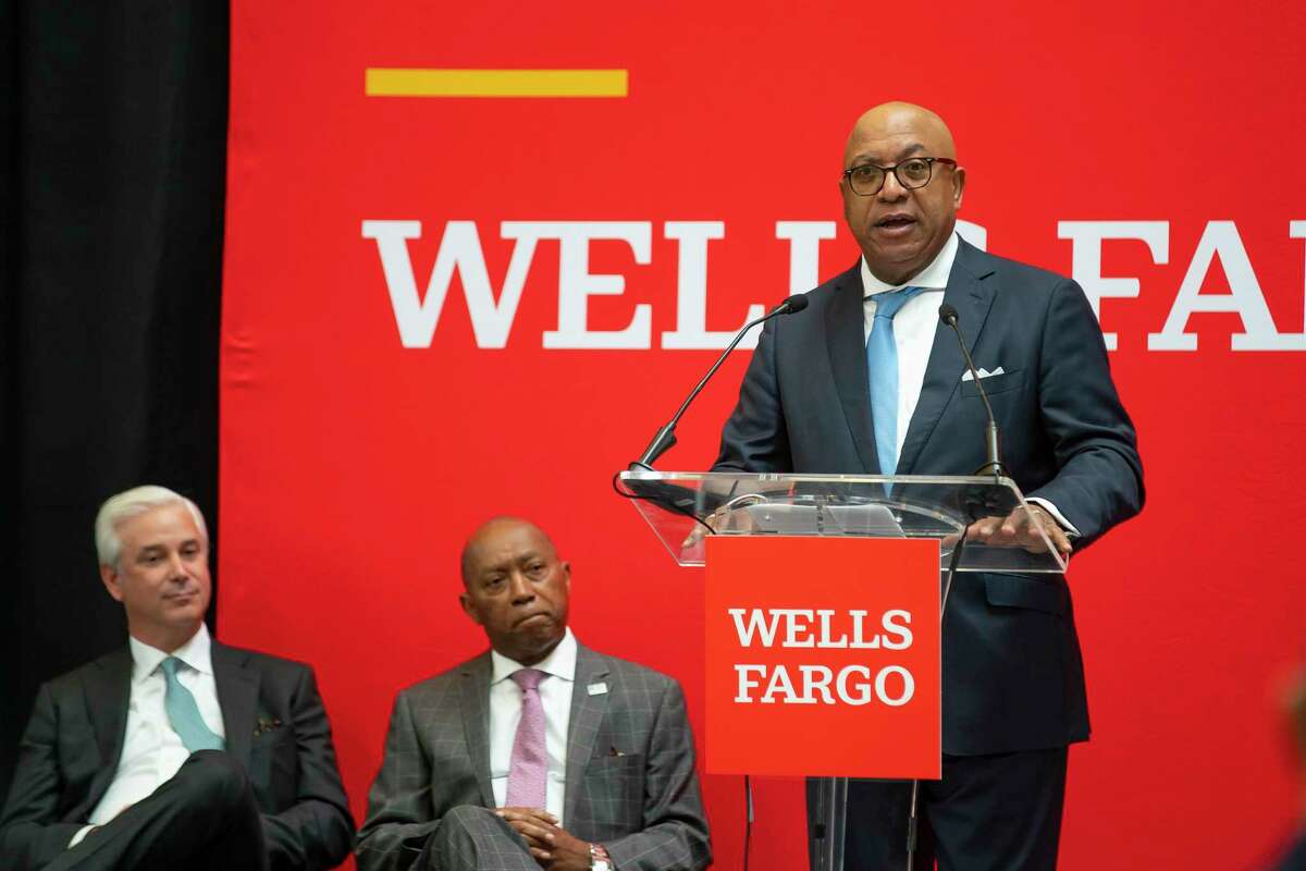Houston Fund for Social Justice and Economic Equity Board President Thomas Jones speaks during a presentation with Wells Fargo CEO Charlie Scharf and Houston Mayor Sylvester Turner, Thursday, Feb. 24, 2022, at the Emancipation Park Community Center in Houston. Wells Fargo donated $20 million to the Houston Fund for Social Justice and Economic Equity.