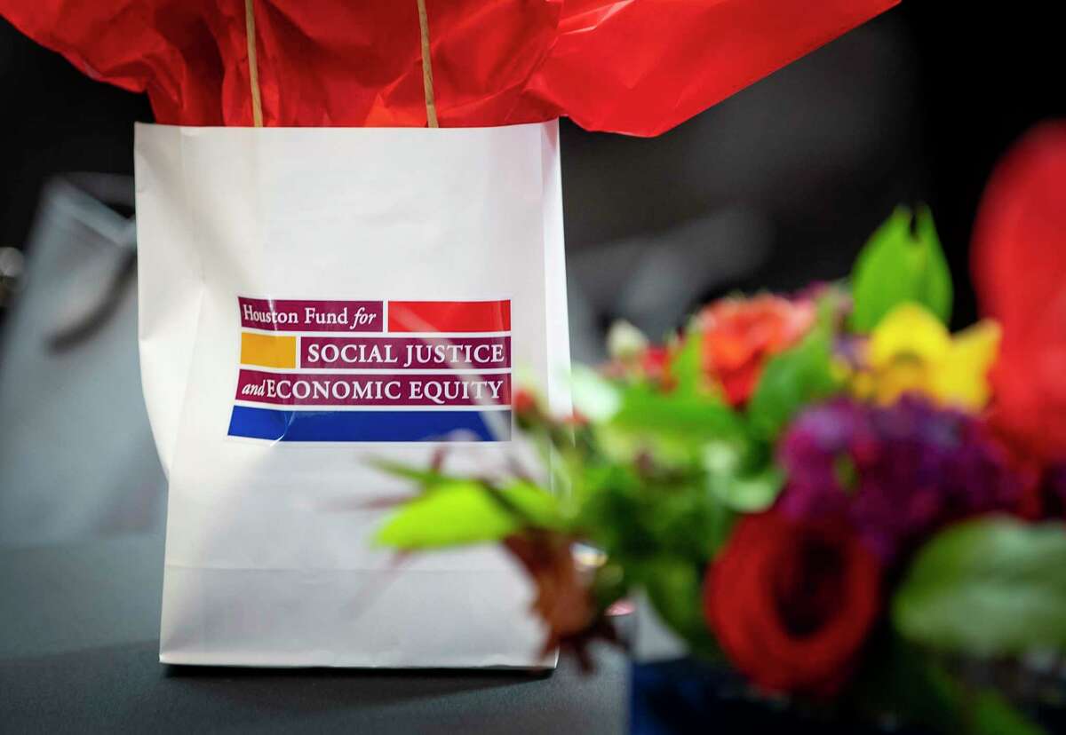 A giveaway bag sits on a table at a presentation, Thursday, Feb. 24, 2022, at the Emancipation Park Community Center in Houston. Wells Fargo donated $20 million to the Houston Fund for Social Justice and Economic Equity.