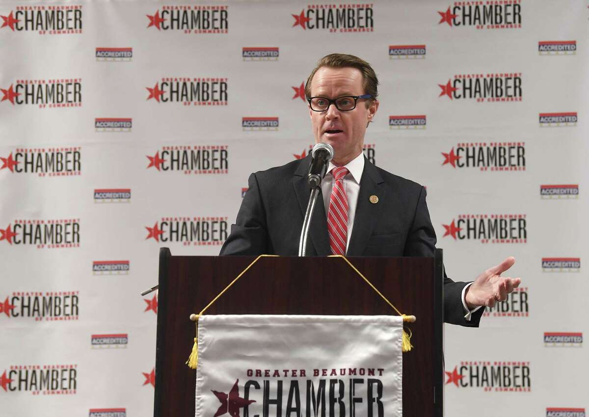 Speaker of the House Dade Phelan addresses the crowd about the state of Texas and the legislature during the annual Chamber of Commerce Legislative Luncheon Thursday. Photo made Thursday, February 24, 2022 Kim Brent/The Enterprise