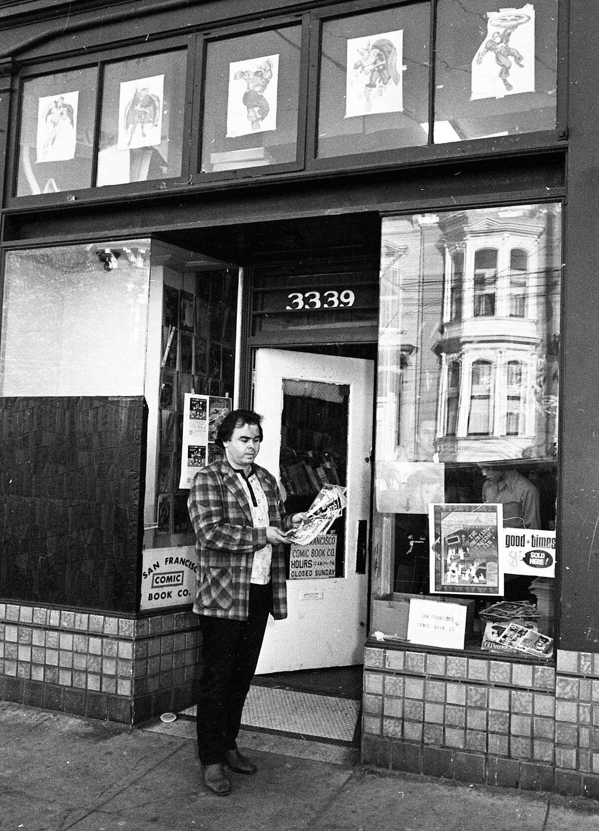 November 17, 1971: Gary Arlington poses outside the Francisco Comic Book Company in 1971. The Mission District comic book store was one of the first comic book stores in the United States.
