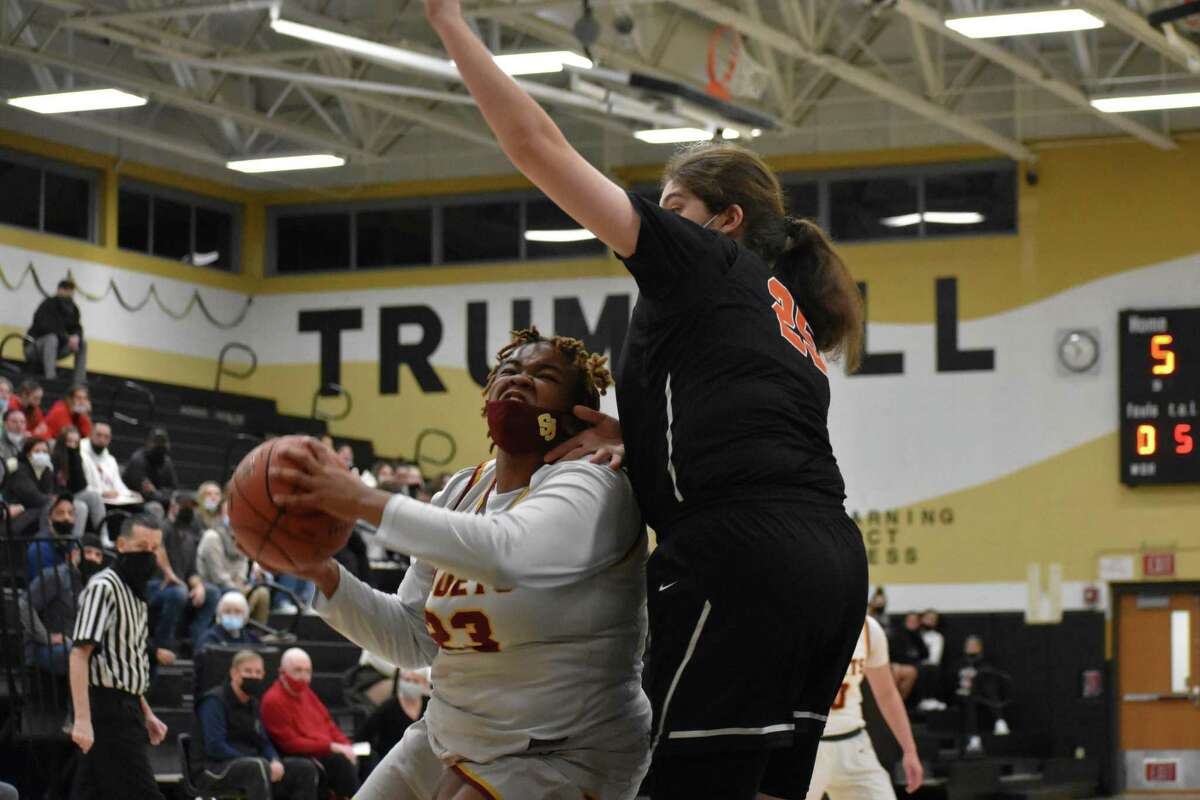 St. Joseph's Kirsten Rodriguez drives to the basket during the FCIAC girls basketball championship game between Stamford and St. Joseph at Trumbull high school. Trumbull on Thursday, Feb. 24, 2022.