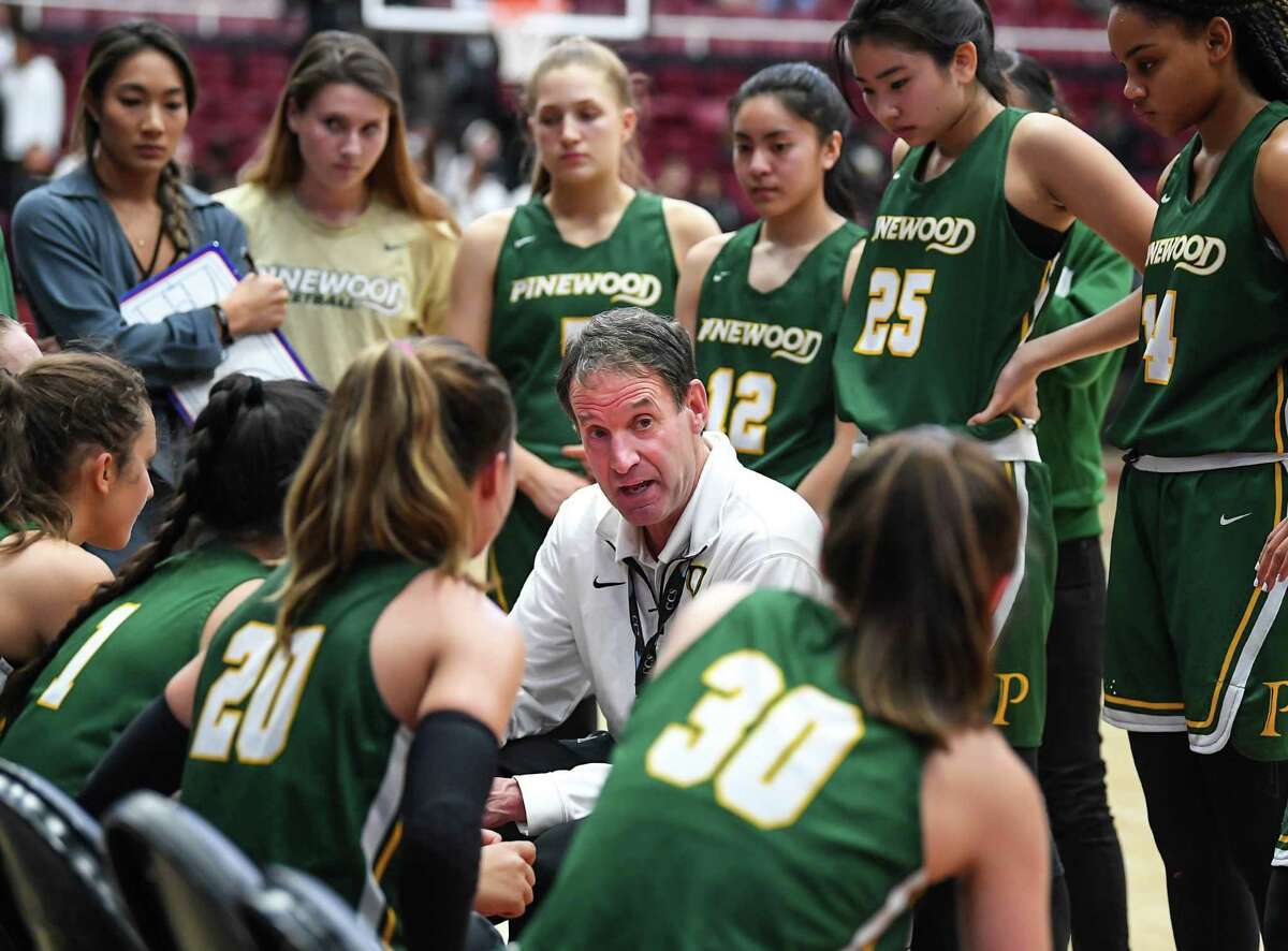 Pinewood-Los Altos girls basketball coach Doc Scheppler talks to his players during the Central Coast Section Open Division championship game against Mitty in 2020.