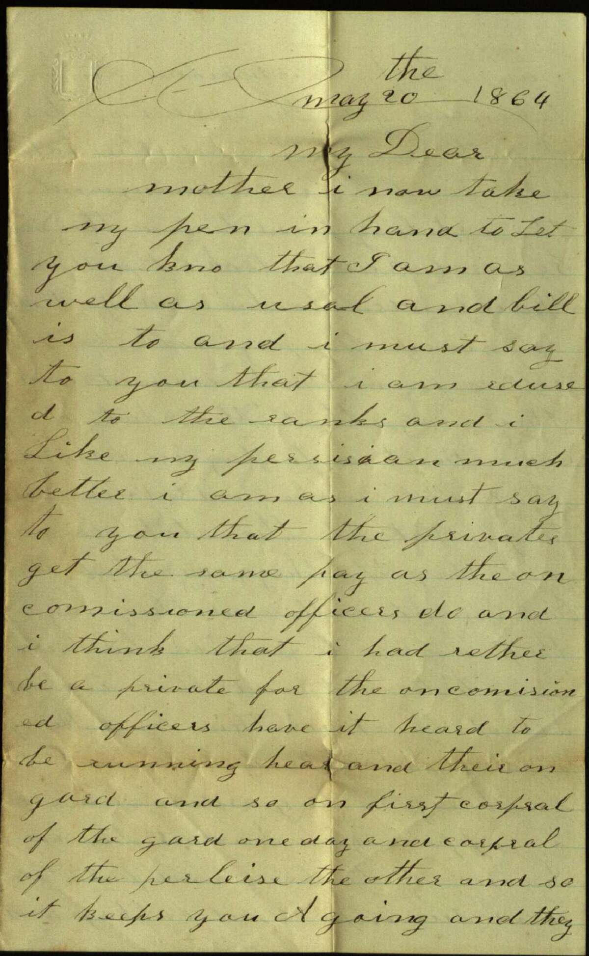 Civil War soldier and Winchester resident Lewis Hazzard wrote this letter to his mother, Louisa, during his service to the Union Army in 1864.