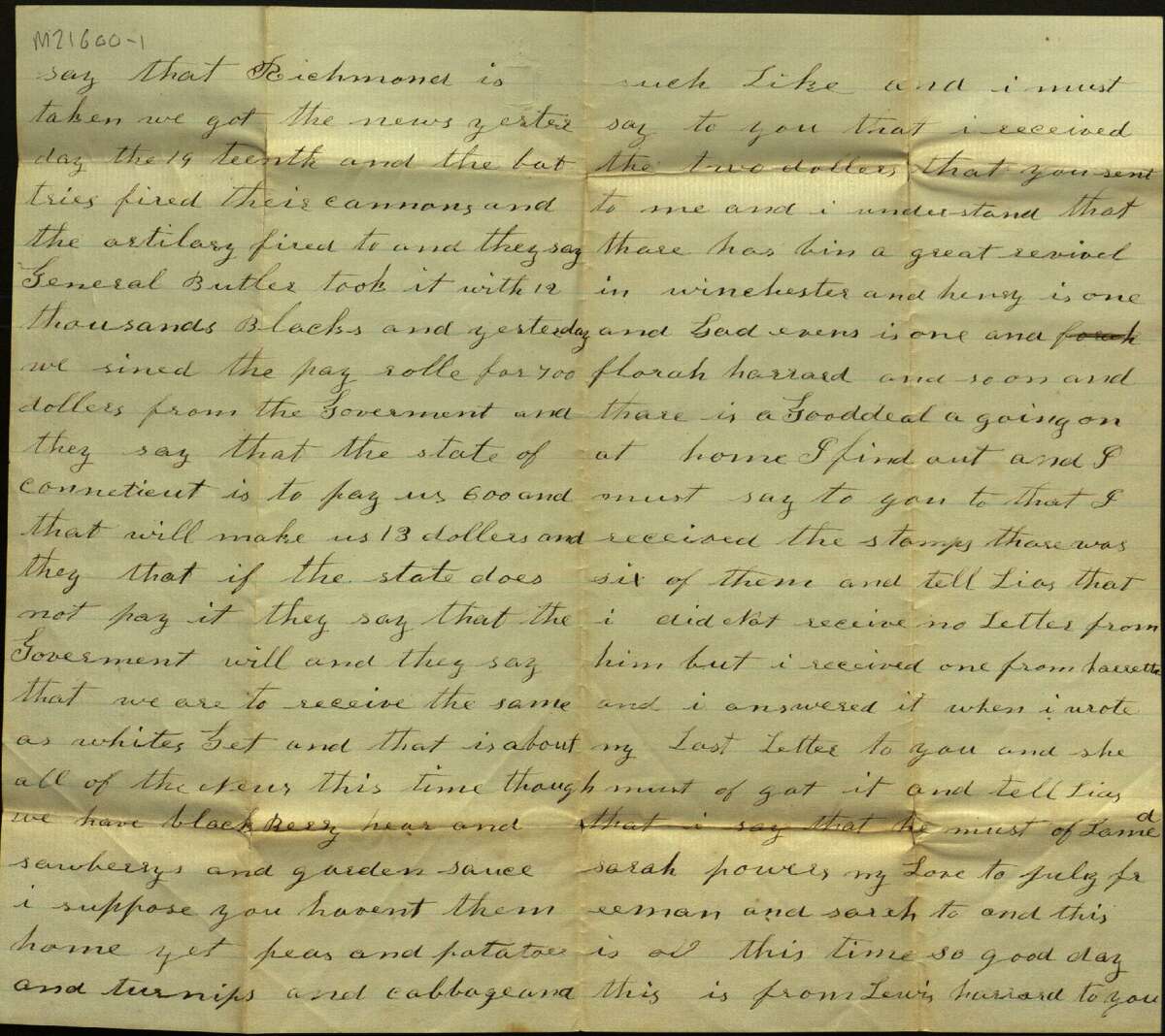 Civil War soldier and Winchester resident Lewis Hazzard wrote this letter to his mother, Louisa, during his service to the Union Army in 1864.