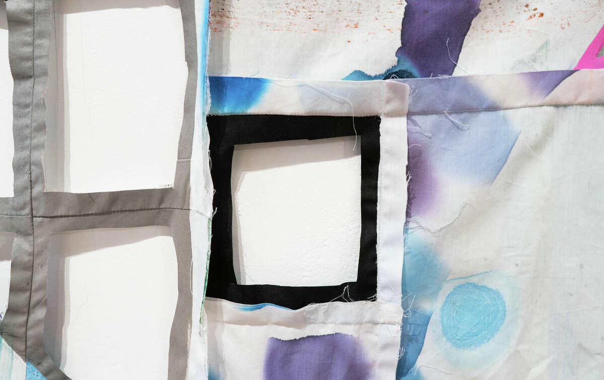 Gina Occhiogrosso, Never Say Never, 2020. Acrylic ink, textile paint, and flashe on pieced and sewn muslin. Detail. Photo William Jaeger