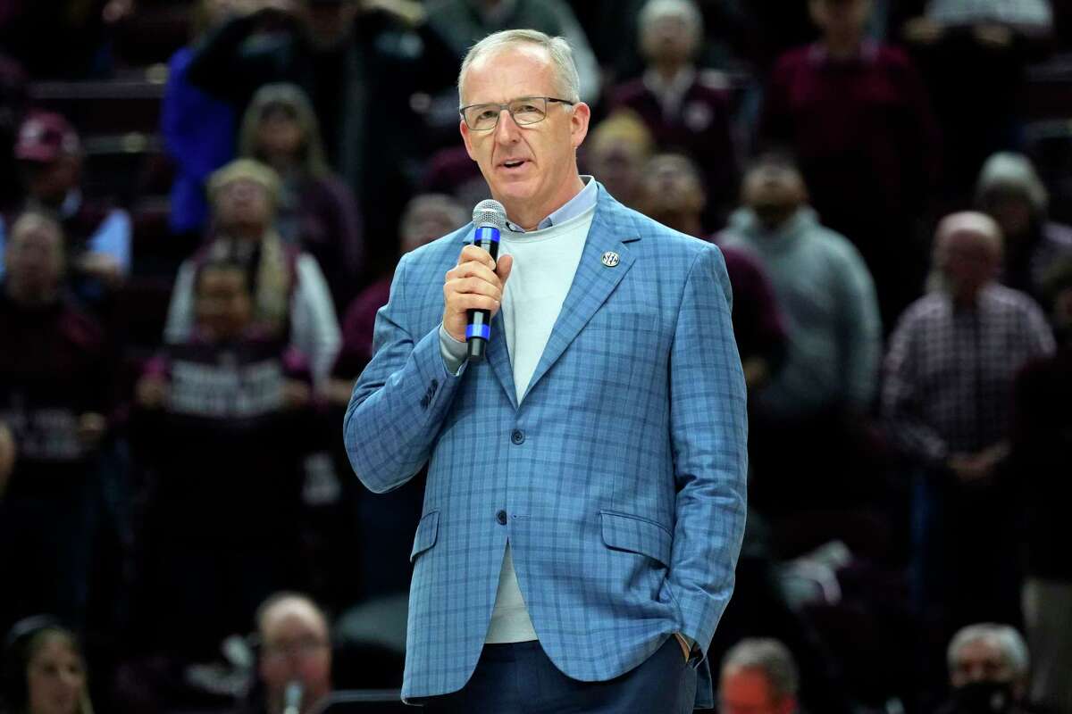 SEC Commissioner Greg Sankey was on hand Thursday night in College Station for retiring Texas A&M women’s basketball coach Gary Blair’s final home game at Reed Arena.