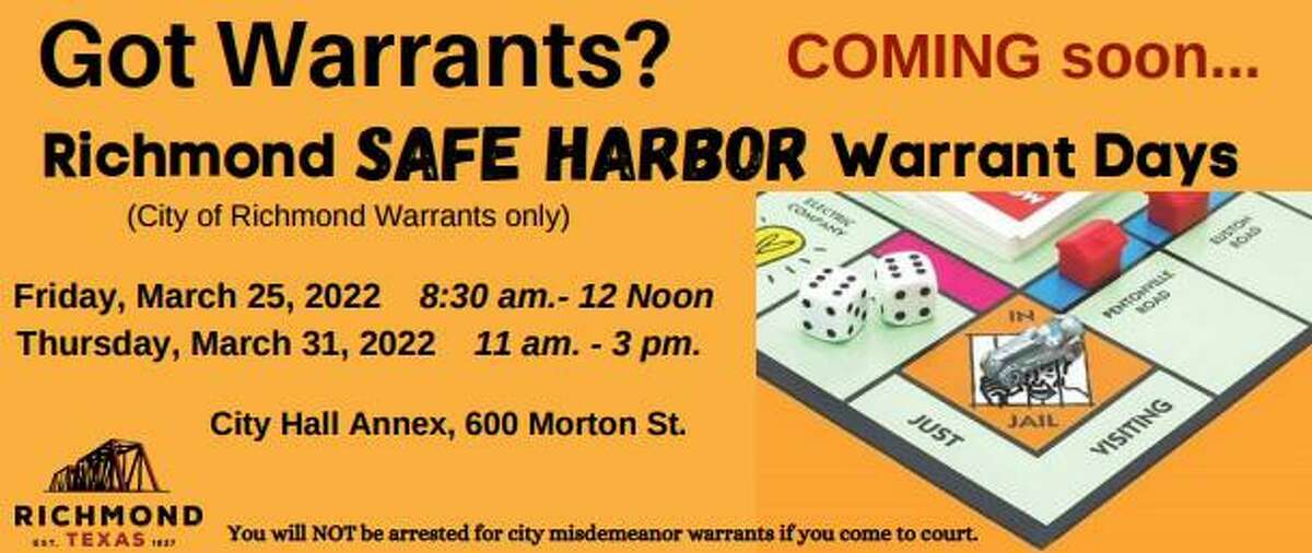 Richmond is slated to hold Safe Harbor Warrant Days on March 25 and 31, letting people with outstanding misdemeanor city warrants resolve their issues ahead of Warrant Round-Up in April.