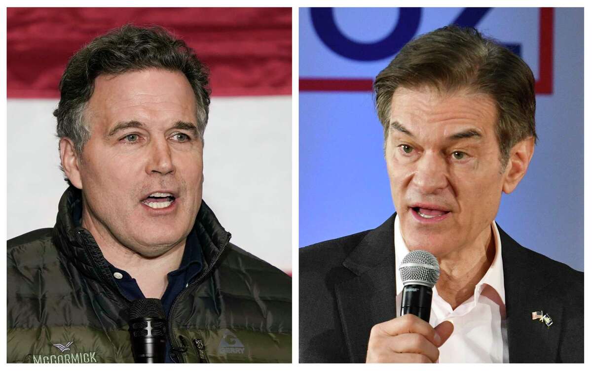 In this 2022 photo combination shown are Republican Pennsylvania U.S. Senate candidates, Dave McCormick, left and Mehmet Oz. A super PAC aligned with a McCormick, aired a TV ad suggesting that Oz is not conservative enough and included a clip from a 2010 "Dr. Oz Show" episode during which Oz interviews a transgender child and a transgender teen.