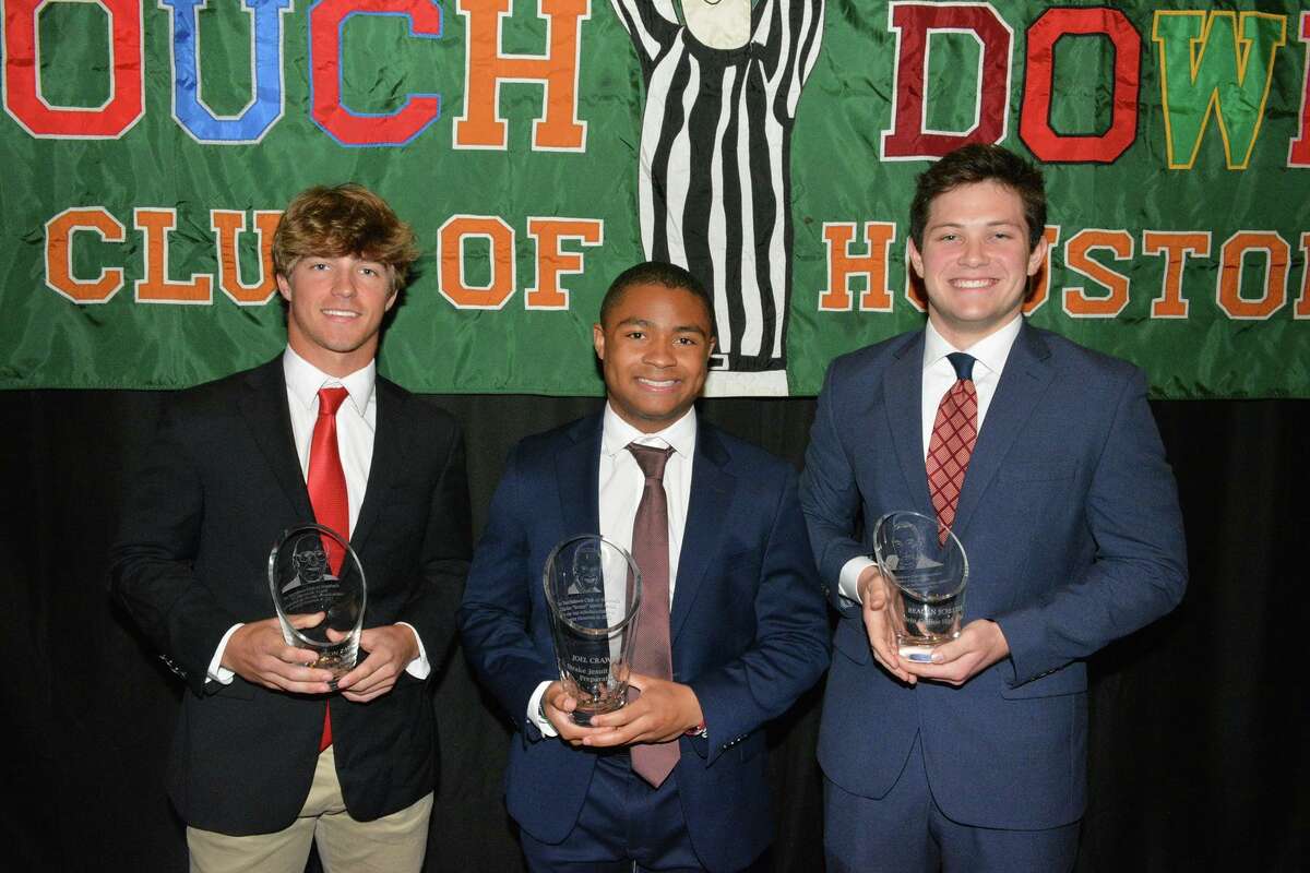 Memorial’s Carson Zahn, left, Strake Jesuit’s Joel Crawford and Klein Collins’ Reagan Schulter, right, were named winners in the Touchdown Club of Houston High School Football Scholar-Athlete Luncheon on Wednesday, Feb. 23, at the Bayou City Event Center.