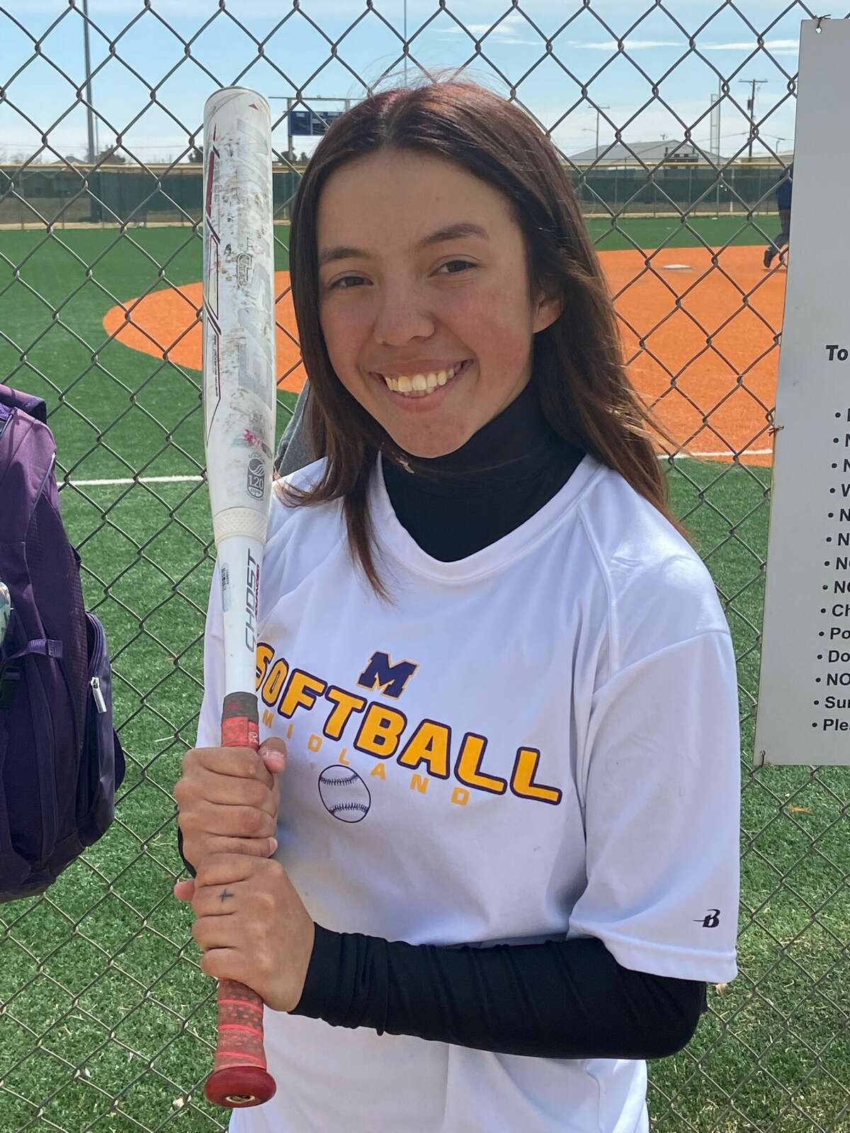 Midland High junior catcher Samantha Bustos pictured Friday at the West Texas Classic softball tournament at Freddie Ezell Softball Complex. 