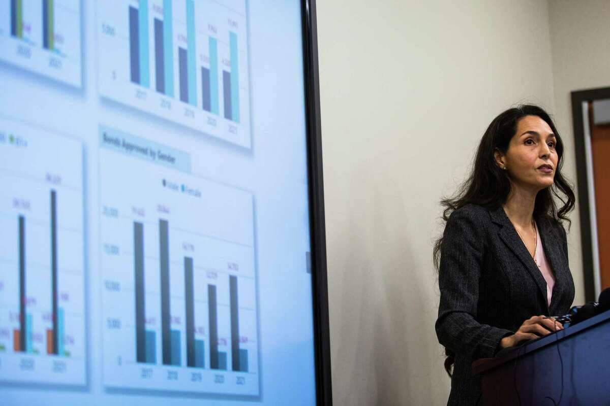 Harris County Justice Administration Department interim director Ana Yáñez Correa highlight the new Bail Bond Dashboard at the Public Defender’s Office in the Criminal Courthouse, Wednesday, Feb. 23, 2022, in Houston.